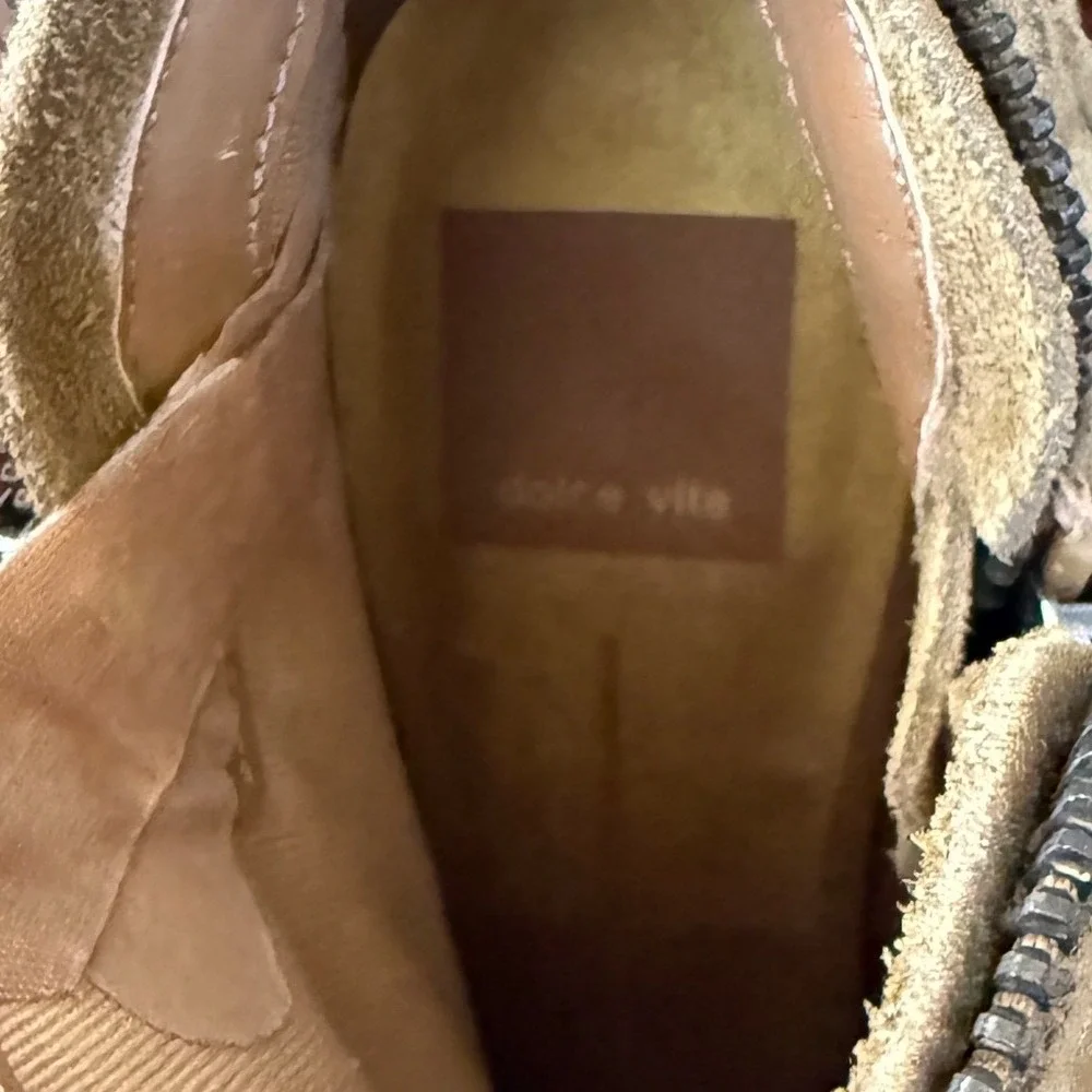 Dolce Vita Promise Fringe Suede‎ Ankle Booties Peep Toe Block Heel Tan Sz 7.5